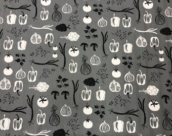 May include: A gray fabric with a repeating pattern of black and white vegetables. The vegetables include peppers, onions, tomatoes, mushrooms, and artichokes.