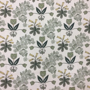 Scandinavian Floral Cotton Fabric: White, Green, Acrylic Coated