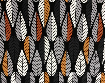 Black cotton fabric with grey orange striped leaves Scandinavian design upholstery fabric wide 59 inches Scandinavian fabric