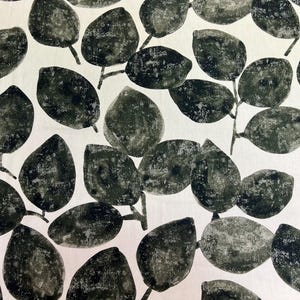 White Cotton Fabric: Dark Green Leaves, Scandinavian Design