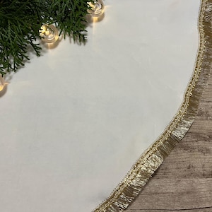 White Velvet Christmas Tree Skirt: Boho Gold Lace, Rustic Holiday Decor