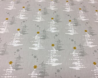Tecido de lona de algodão escandinavo: estrelas douradas, abeto branco (140 cm de largura)