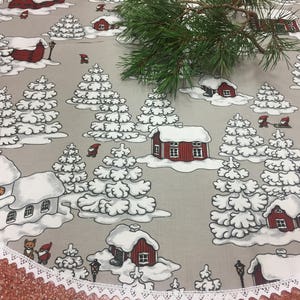 Christmas tree skirt,Christmas Holiday tree skirt,white Christmas tree skirt with snow-covered houses,Swedish tree skirt,Scandinavian design