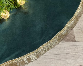 Smaragdgroen fluwelen kerstboomrok: bohogouden kant, rustiek boerderijdecor