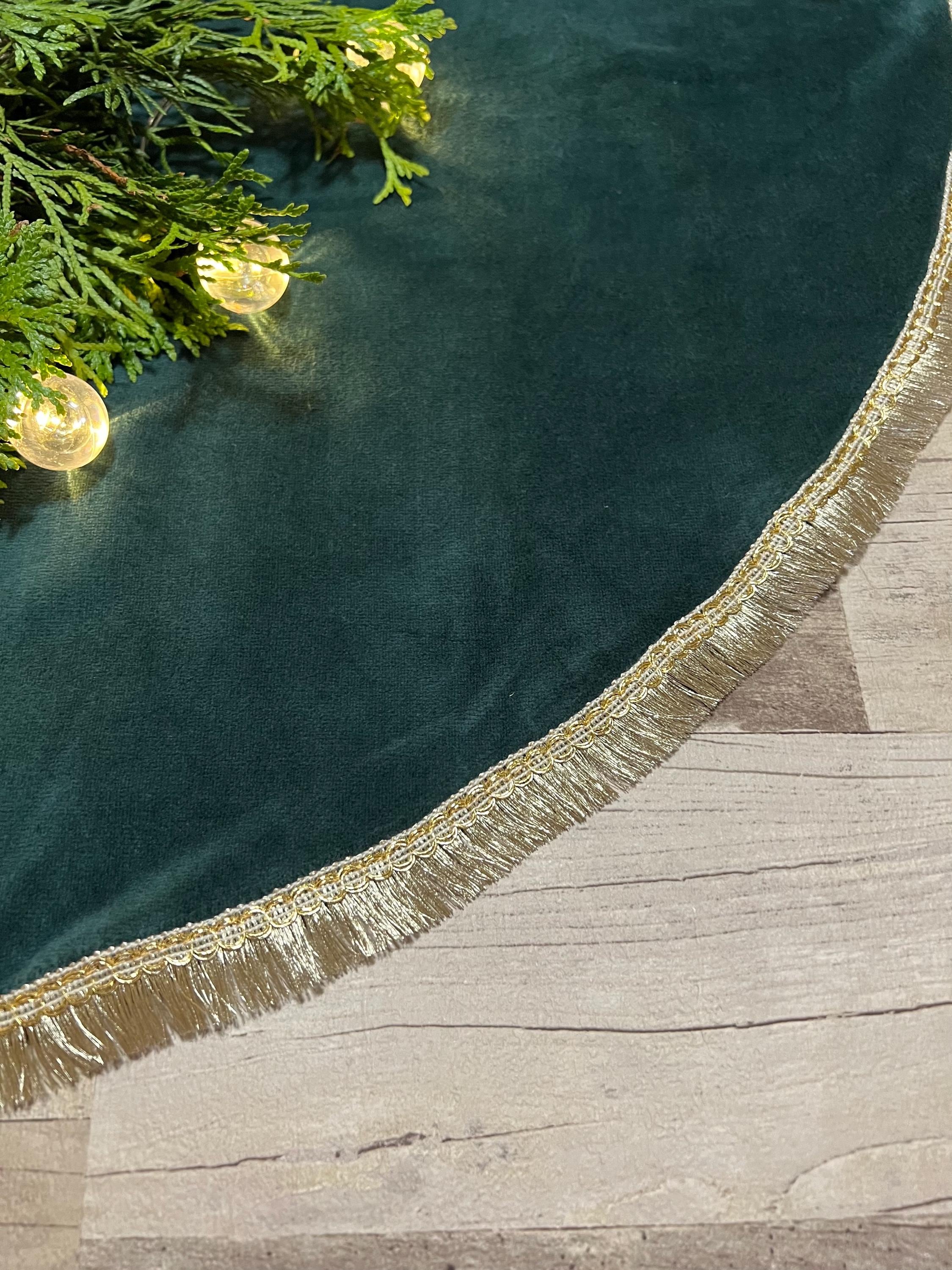 Emerald Green Velvet Christmas Tree Skirt: Boho gold Lace, Rustic Farmhouse Decor