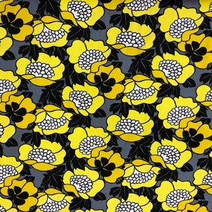 Gray Floral fabric Cotton fabric with yellow flower Scandinavian design, width-59 inches