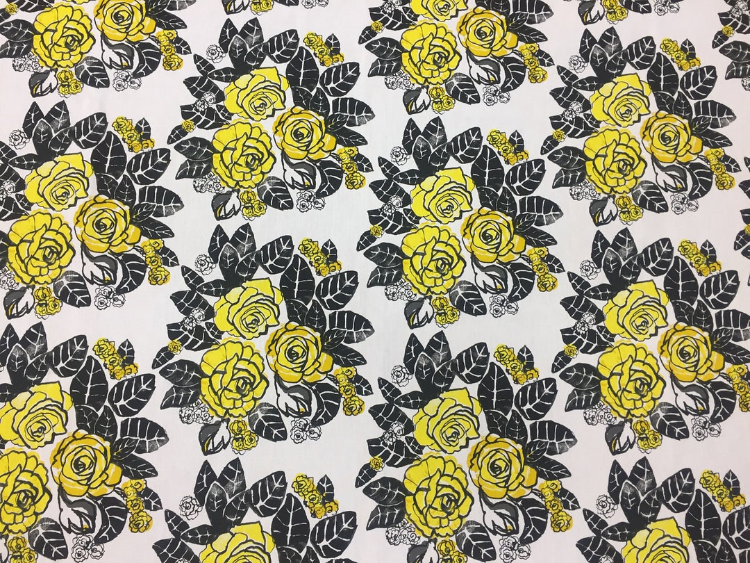 Fabric Cotton White With Yellow Roses Yellow Rose Bouquet Floral Fabric ...