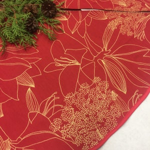 Handmade Burgundy Linen Christmas Tree Skirt: Scandinavian Floral Decor (20 inch)