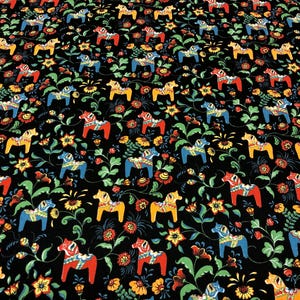 Swedish Dala Horse Fabric: Scandinavian Cotton Print, 59" Wide