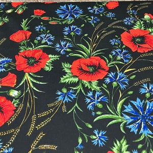 Black floral fabric, Scandinavian design, fabric with with poppy and cornflower print, black fabric, meadow upholstery fabric