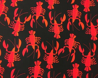 Black cotton fabric red and orange crayfish, crayfish print, black fabric, wide 59-inches,  Scandinavian design