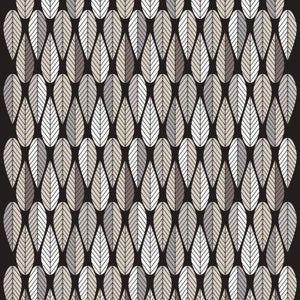 May include: A seamless pattern of stylized leaves in shades of brown, gray, and white on a black background.
