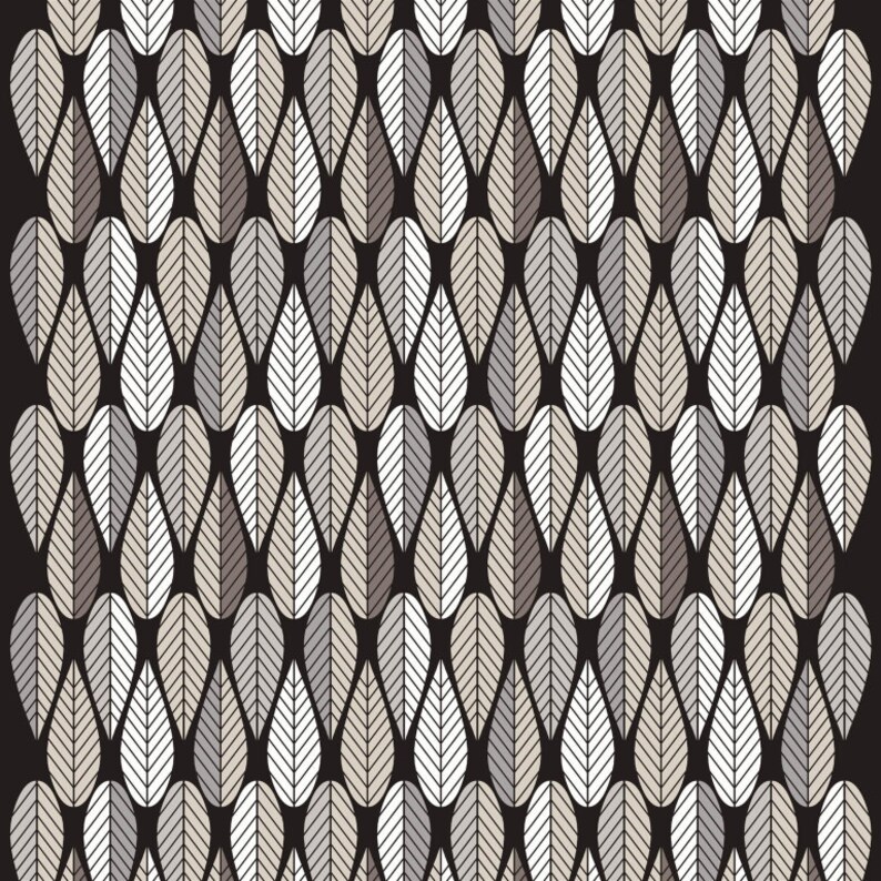 May include: A seamless pattern of stylized leaves in shades of brown, gray, and white on a black background.