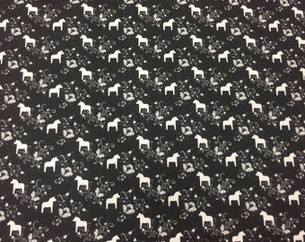 Black fabric, Scandinavian Cotton Fabric black with white Swedish Dala Horses, Scandinavian design, Dala horses fabric