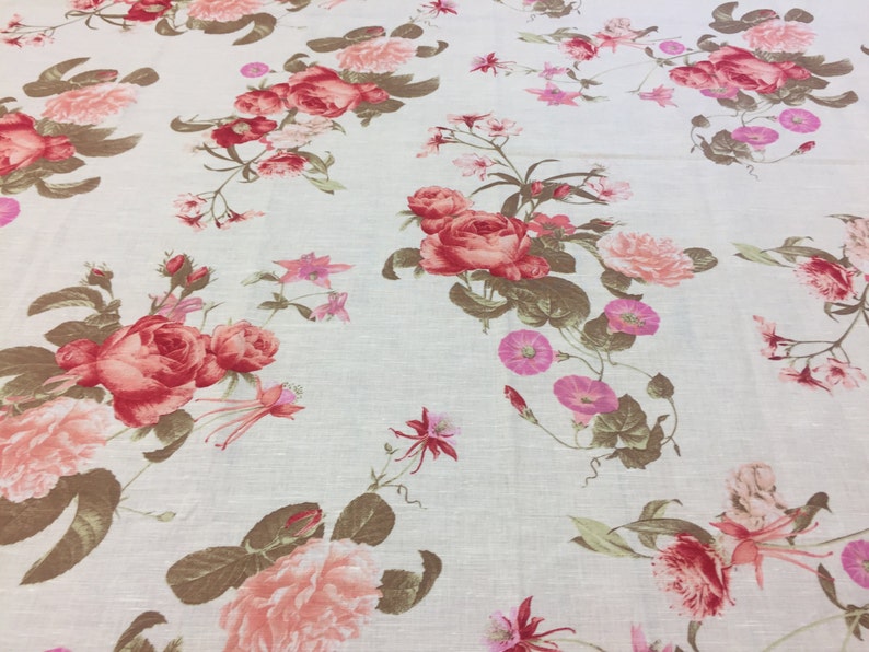 Cotton Fabric With Pink Red Flowers Floral Fabric Etsy