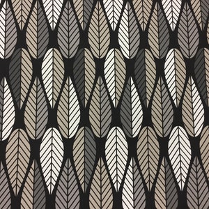 Black Cotton Scandinavian Fabric: Striped Leaves Upholstery, 59&quot; Wide