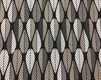Black cotton fabric with grey khaki beige striped leaves Scandinavian design upholstery fabric wide 59 inches Scandinavian fabric