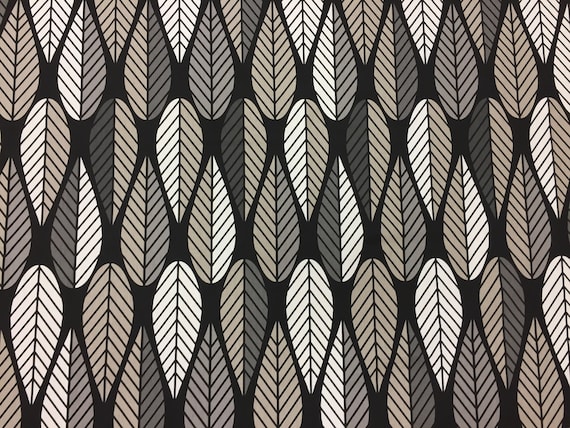 Black Cotton Scandinavian Fabric: Striped Leaves Upholstery, 59" Wide