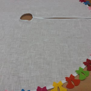 Linen Christmas tree skirt, white tree skirt, burlap tree skirt with colorful,rustic decorations, Christmas tree decor, Christmas tree skirt