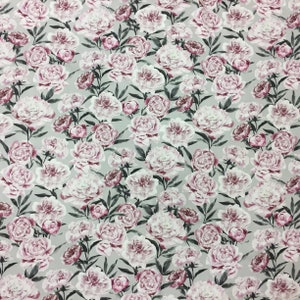 Grey cotton satin fabric with peonies, peonies fabric, digital peonies print, wide 59 inches, Scandinavian fabric, modern fabric