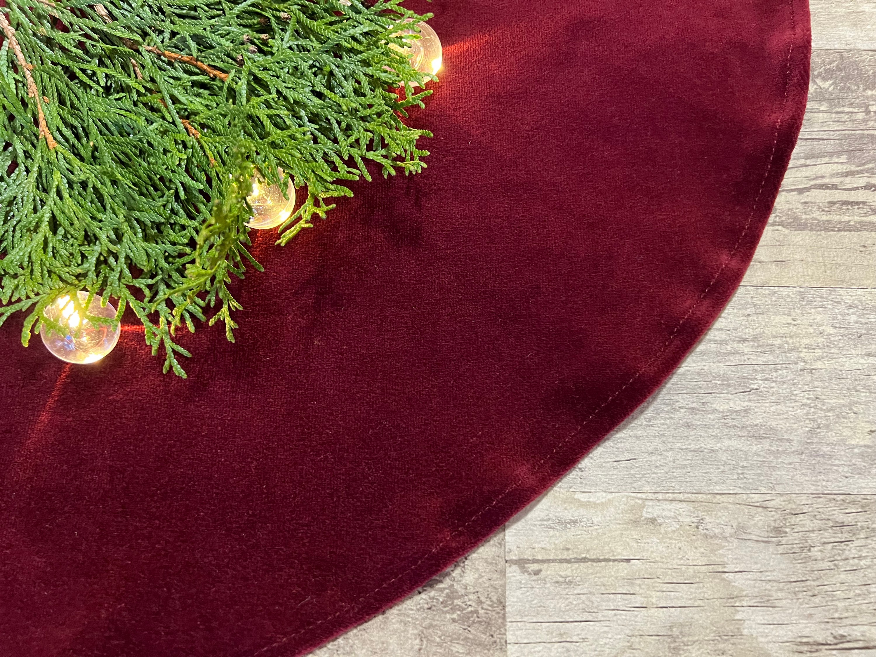 Burgundy Cotton Velour Christmas Tree Skirt, Boho Velvet Xmas Mat