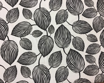 Cotton fabric, white fabric with black striped leaves, Scandinavian design fabric, black and white fabric, wide 59 inches