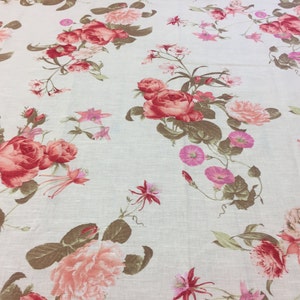 Cotton fabric with pink red Flowers  floral fabric