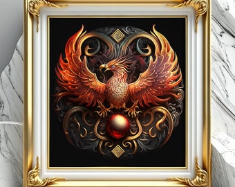 Red Phoenix Fire Ball Art, Midjourney Ai Art, AI Art Digital Download, AI Generated, Digital AI Print Art, Wall Art, Home Decor, Printable