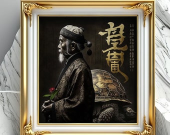 Old Wise Man with Turtle, AI Art Digital Download, Midjourney Art, AI Generated, AI Print Art, Digital Download, Home Decor, Printable