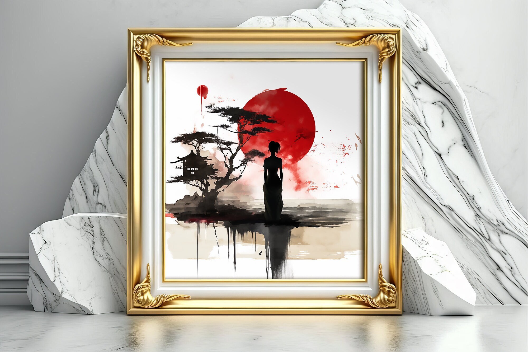 Japanese Red Sunset, Midjourney Ai Art, AI Art Digital Download, AI Generated, Digital AI Print Art, Wall Art, Home Decor, Printable