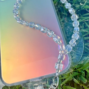 Clear Iridescent Beaded Phone Strap Wristlet – Cube Bead Phone Charm for Cases, Trendy Lanyard for Girls - Viral Phone Strap - Keychain