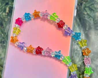 Y2K Rainbow Star Phone Charm: Beaded Wrist Strap, Kawaii Bag Accessory