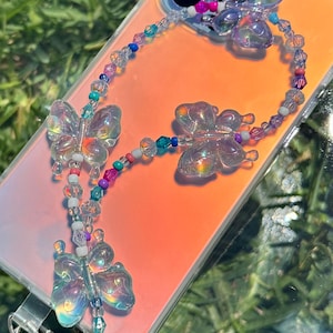 Butterfly Phone Charm Wristlet – Iridescent Beaded Phone Strap, Y2K Aesthetic, Fairycore Gift for Her, Cute Handmade Phone Accessory