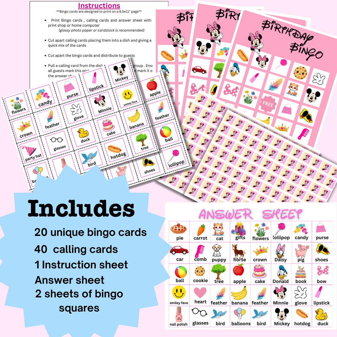 Minnie Mouse 20 Cards Instant Download, Printable Minnie Mouse Bingo