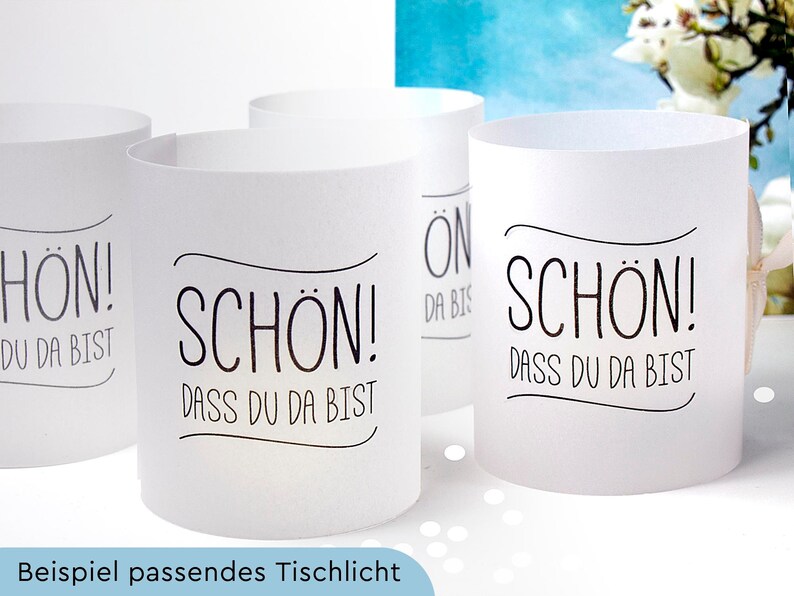 Stempel Schön dass du da bist Tischkdeko Gastgeschenk Gäste Feiern Tischkarten Einladung DIY handmade Schriftzug Bild 4