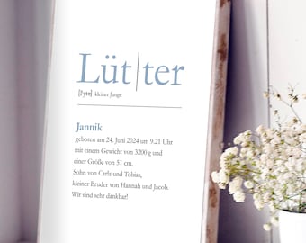 Baby Lütter birth gift boy personalized children's room North German Low German birth poster