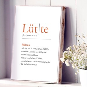 Geburt Geburtsanzeige Poster Druck Lütte Geburtsgeschenk Baby personalisiert Kinderzimmer norddeutsch plattdeutsch