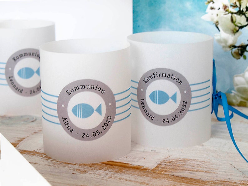 8 x table light communion confirmation baptism fish gray blue, table decoration communion confirmation fish blue image 1