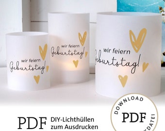 Vorlage Lichthülle Tischdeko Selberdrucken Geburtstag Download PDF für Tischlicht DIY Herzen goldfarben