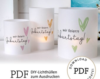 Vorlage Lichthülle Tischdeko Selberdrucken Geburtstag Download PDF für Tischlicht DIY Herzen Rosé