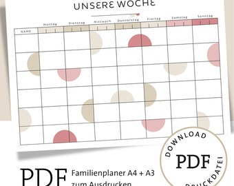 Family planner weekly plan calendar download file PDF for printing DIN A4 A3 appointment planner 3 - 6 names