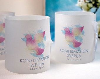 8 x Lichthülle für Tischlicht personalisierbar für Kommunion Konfirmation Jugendweihe Taufe mit Friedenstaube Illustration Aquarell