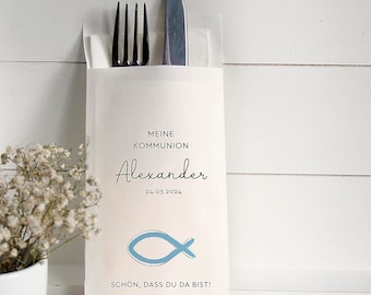 Cutlery bag personalized Communion Confirmation Baptism motif fish blue red color selection