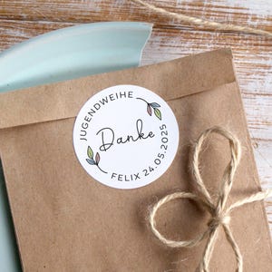 Danke Aufkleber personalisierbar rund Gastgeschenk Tischdeko Blütendesign Jugendweihe Taufe Konfirmation jeder Anlass