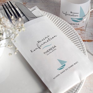 Table decoration communion confirmation baptism confirmation boat motif turquoise 10 x cutlery bag banderole image 1