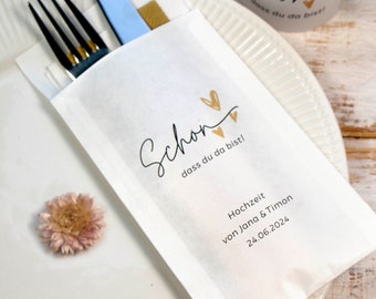 Table decoration cutlery bag nice that you are there customizable wedding birthday baptism heart lettering neutral any celebration