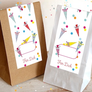 Einschulung Set Gastgeschenk 10 x Papiertüte mit Aufkleber beschreibbar Motiv Schultüte