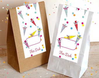 School enrollment set guest gift 15 x paper bags with stickers that can be written on with a school bag motif