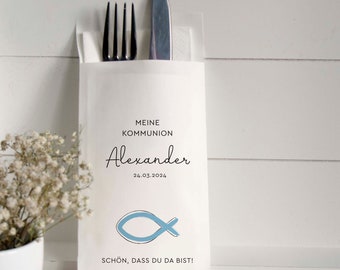 Cutlery bag personalized Communion Confirmation Baptism motif fish blue red color selection