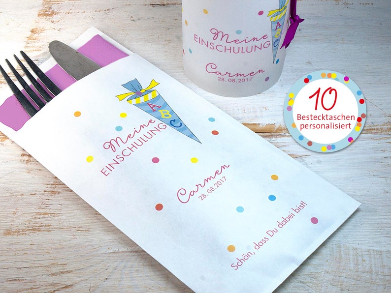 10 x personalized cutlery bag school cone for school enrollment school introduction motif school cone text pink image 1